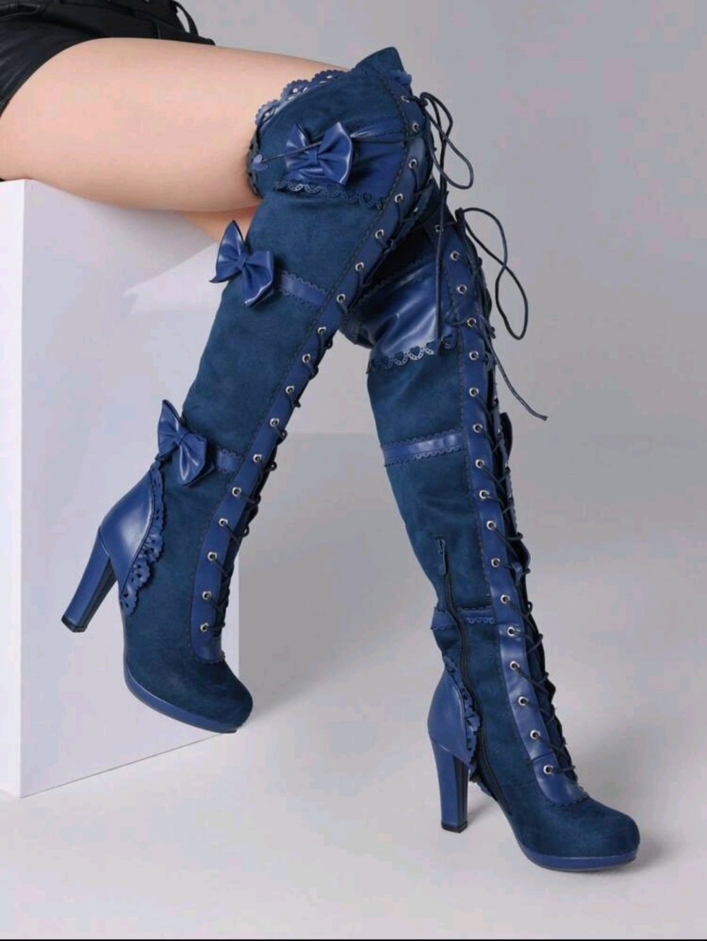 Blue Lace-Up Over-The-Knee Heeled Boots - Unbranded